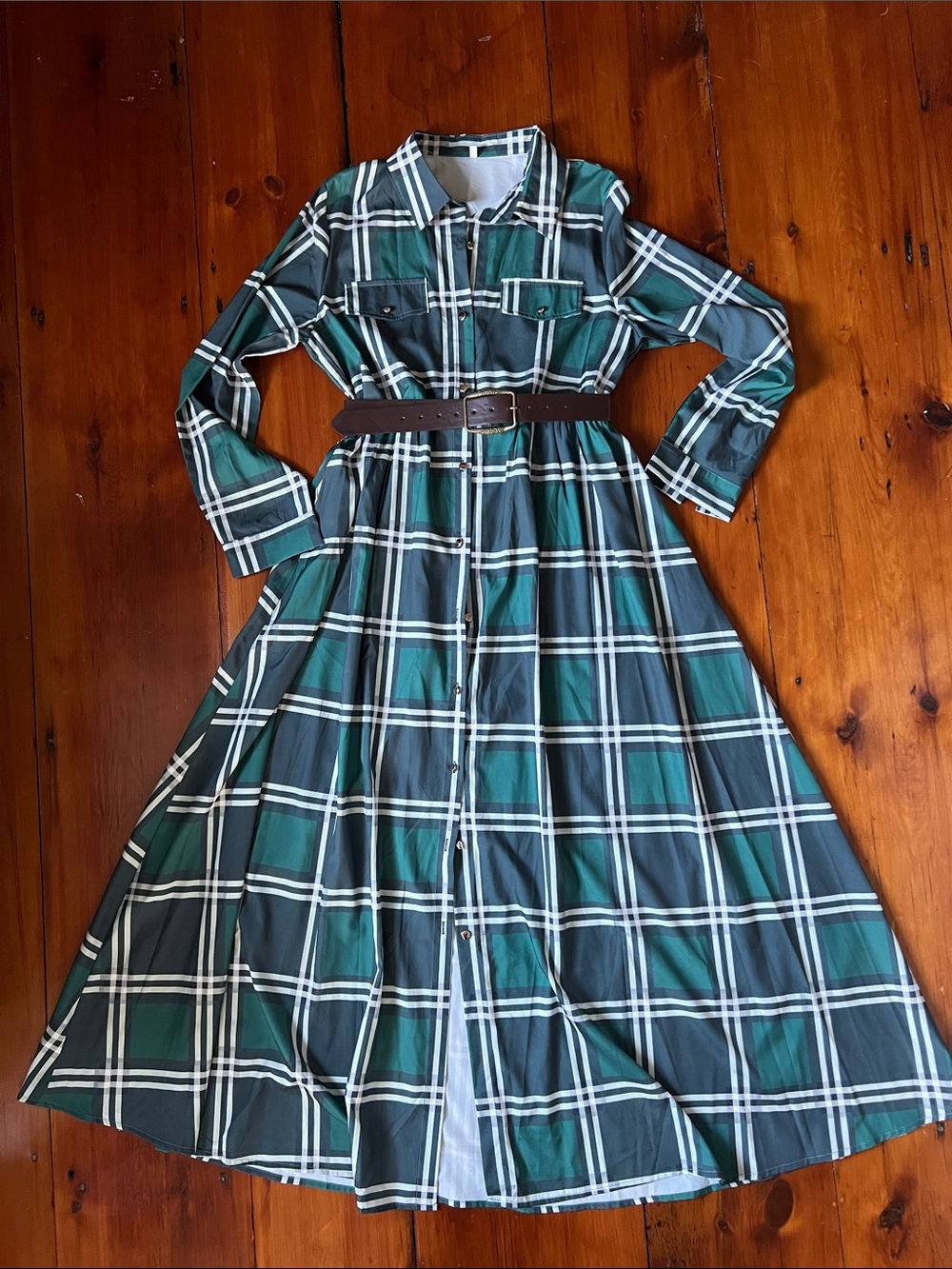 New Hunter Green Plaid Long Sleeve Shirt Dress with Brown Belt